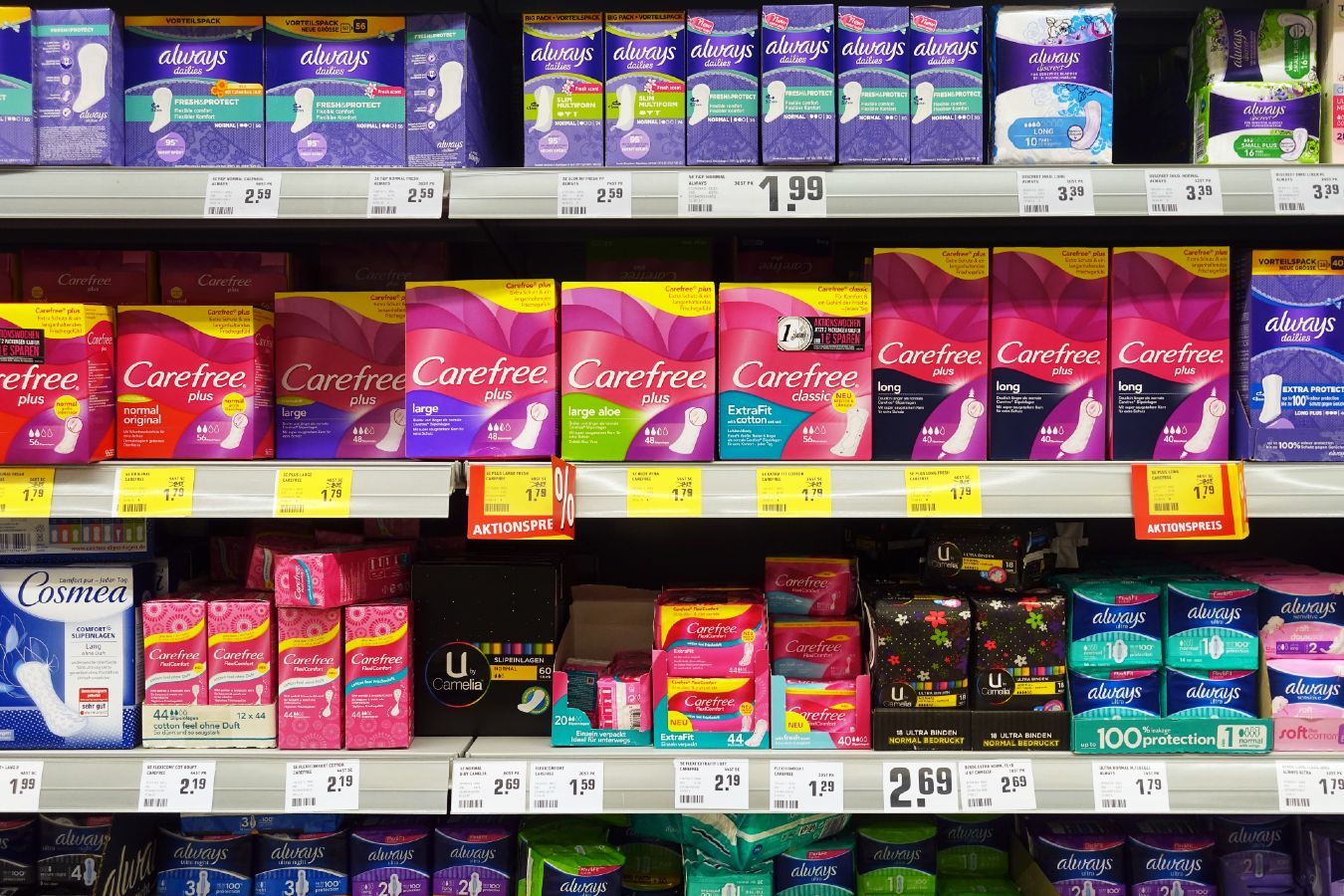 Feminine hygiene products on shelves in a store