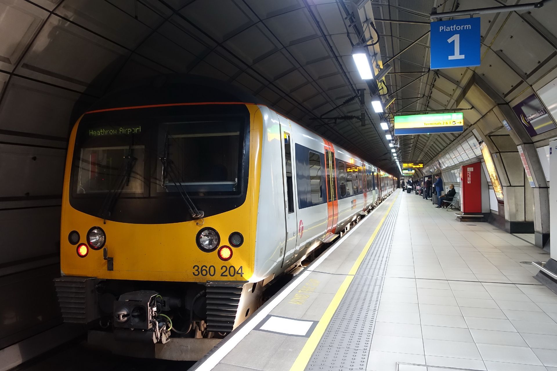 London, UK - April 15, 2018: Heathrow Express train pulling into Terminal 4 underground railway station at Heathrow Airport - railcard refund