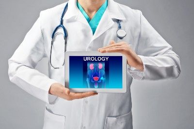 A doctor holds an ipad with a urology diagram on it - Craigavon Area Hospital