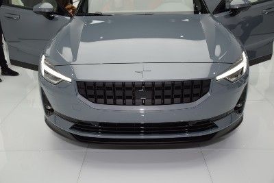 Front end of a grey Polestar 2 
