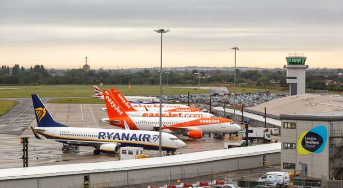 Ryanair and EasyJet airplanes at London Southend airport (SEN) in the United Kingdom.