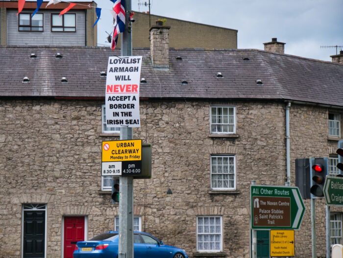 A sign fixed to a lamp post gives the message that the Loyalist people of Armagh do not accept the Northern Ireland Protocol, part of the UK Brexit process