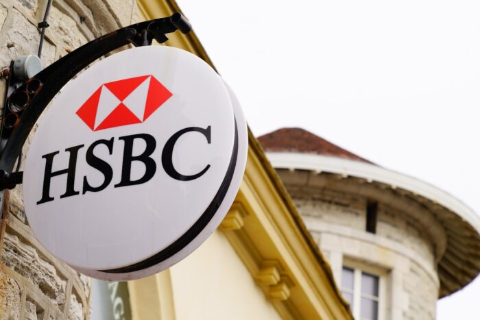HSBC bank text and red logo swiss round sign store of agency banking of financial services office