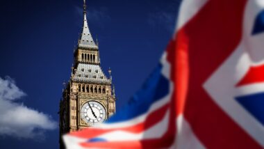 UK flag with Big Ben and House of Parliament in the background
