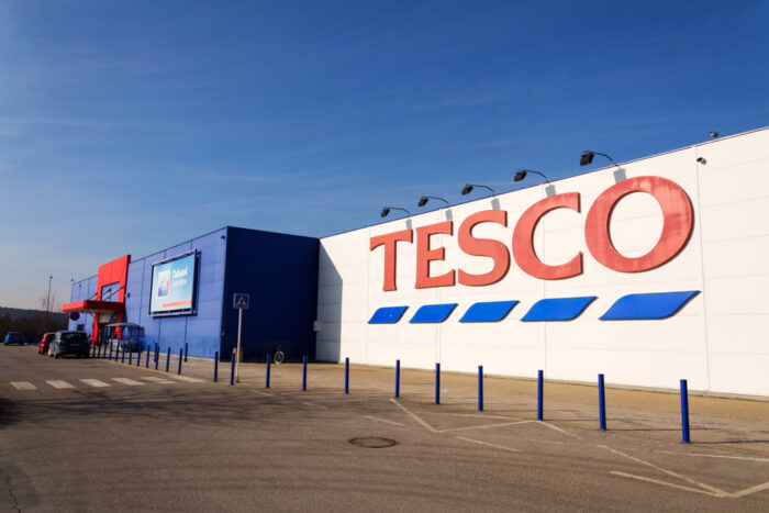 Tesco company logo on the supermarket building