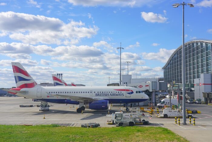 View of airplanes from British Airways (BA) at London Heathrow Airport (LHR), the main airport in London.