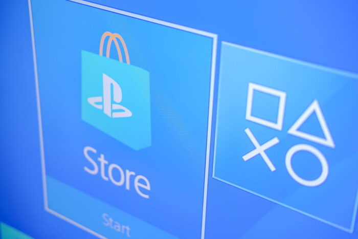 Playstation Store logo from PS4 apps on Television Screen.