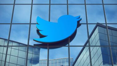 Close up of Twitter logo on the facade of the headquarter office.