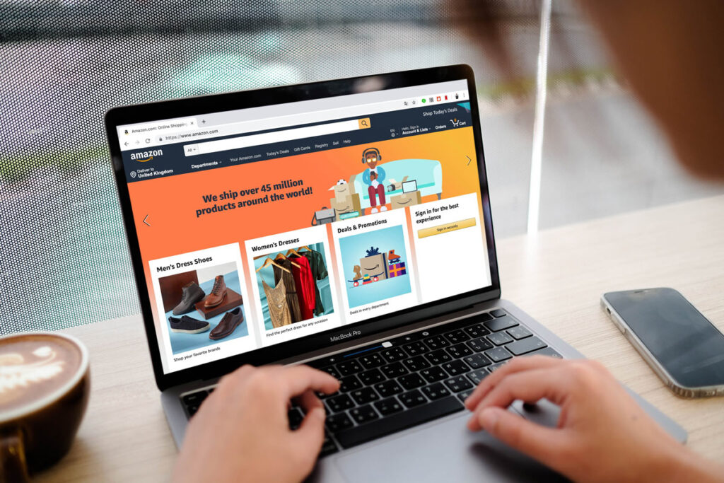 Amazon homepage displayed on a laptop screen, representing the Amazon class action.