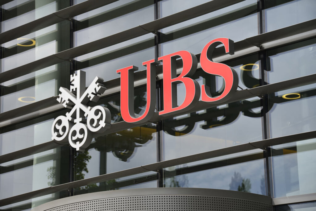 Close up of UBS signage, representing the UBS fine.