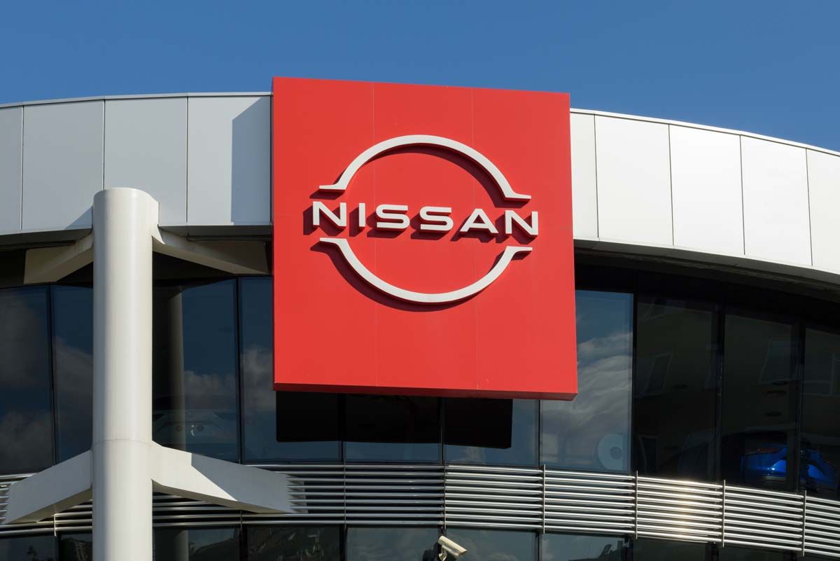 Close up of Nissan signage, representing Nissan electric vehicles.