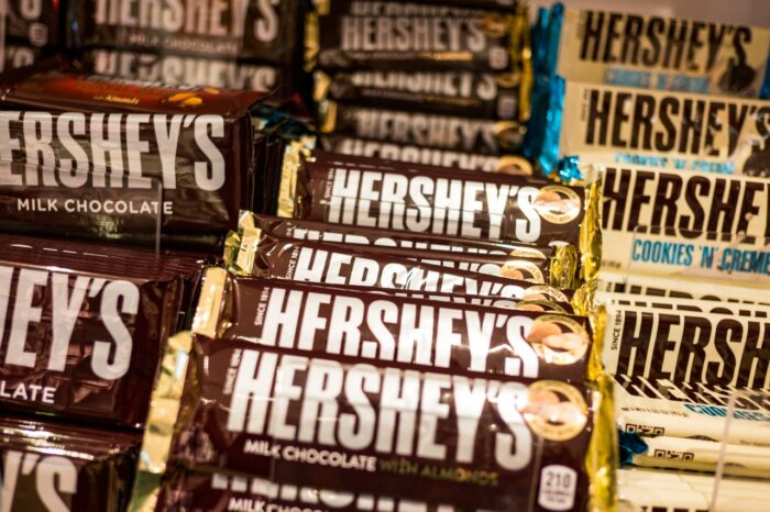 Hershey's chocolate on the shelf for selling.