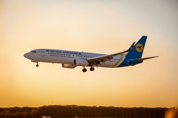 Ukrainian international airlines (UIA) passenger plane makes maneuvers