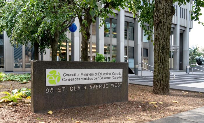 Sign of Council of Ministers of Education (CMEC) outside the office building in Toronto.