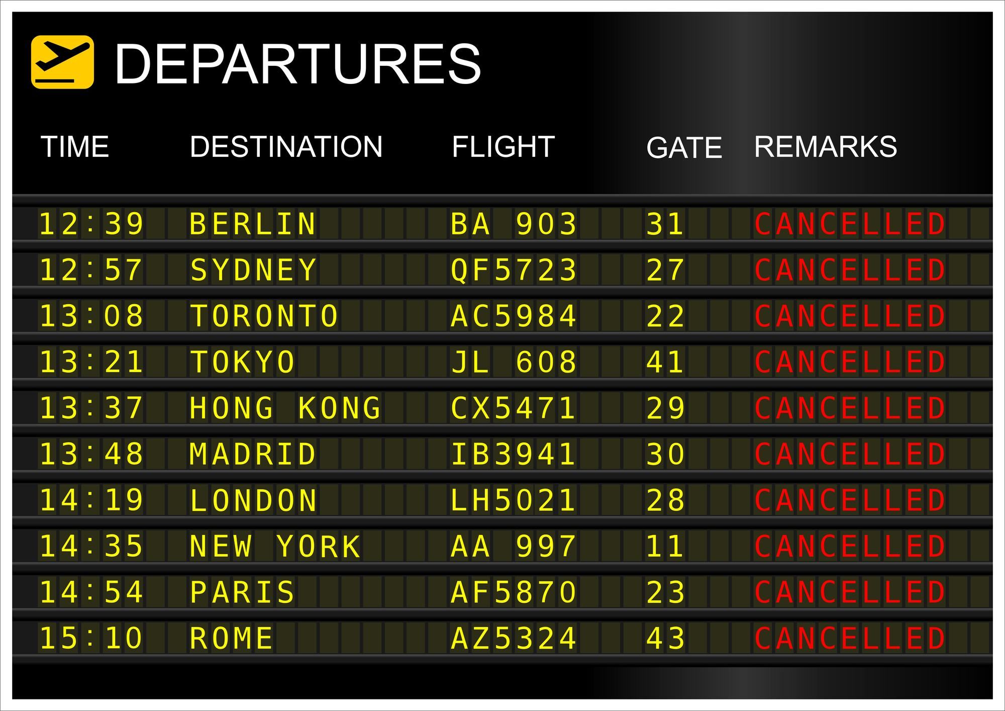 Departure board showing flights cancelled regarding Canadian consumers trying to get refunds from cancelled flights