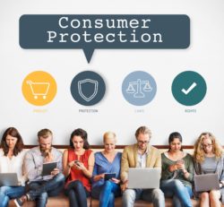 Consumer Protection sign with people looking online regarding information about the Consumer Protection Act in Canada