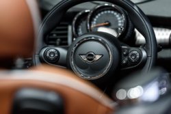The steering wheel of a MINI Cooper regarding the class action lawsuit filed against BMW over power steering defects 