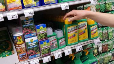 Pesticides on a store shelf regarding information on whether or not Glyphosate is safe
