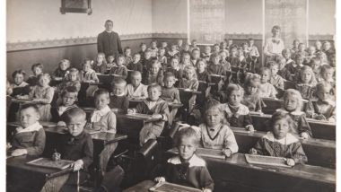 Black and white photo of Aboriginal school children in residential school