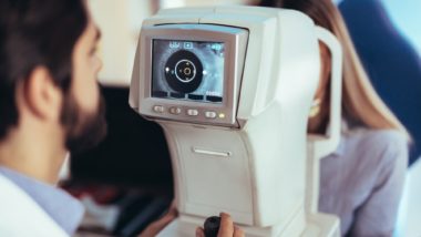 optometrist checking for eye disorders caused by Elmiron