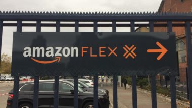 Amazon flex sign regarding the class action lawsuit filed