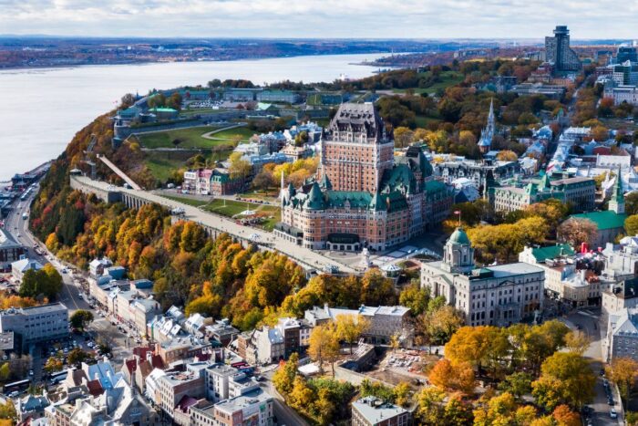 Aerial view of Old Quebec City in the Fall season, Quebec, Canada.