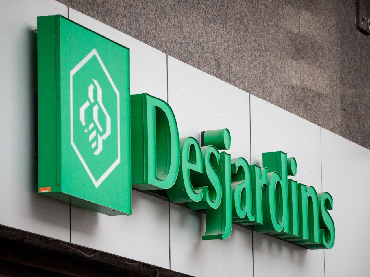 Desjardins Bank logo on their main branch. Mouvement Desjardins.