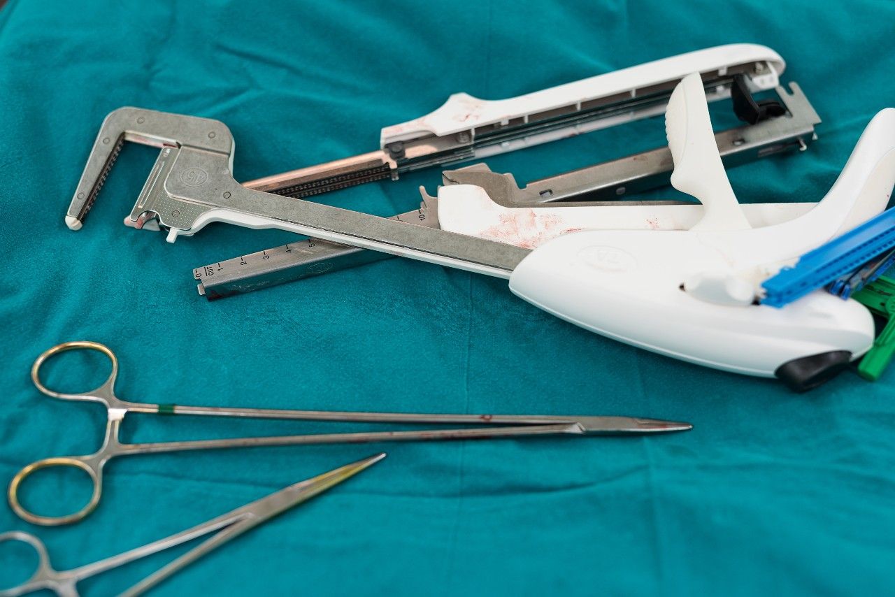 surgical staple instruments on medical tray.