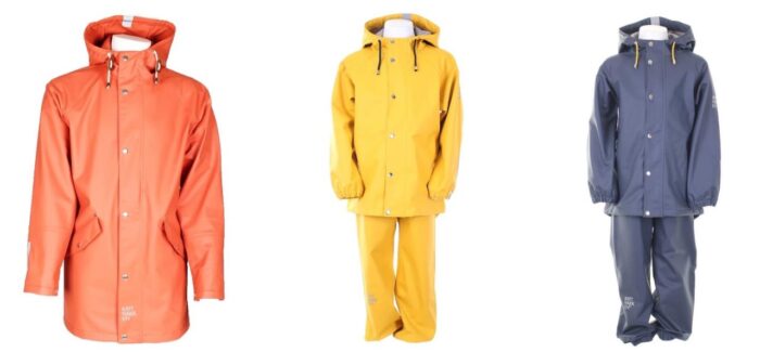 Raincoats yellow, blue, and orange 