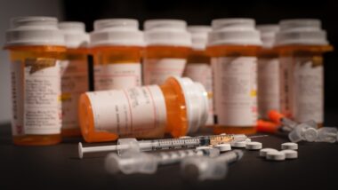 An injectable drug is loaded into a syringe while prescription medication is strewn about haphazardly, opioid epidemic concept.