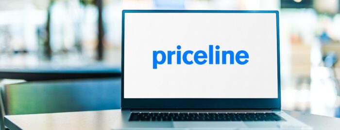 Laptop computer displaying logo of Priceline.com