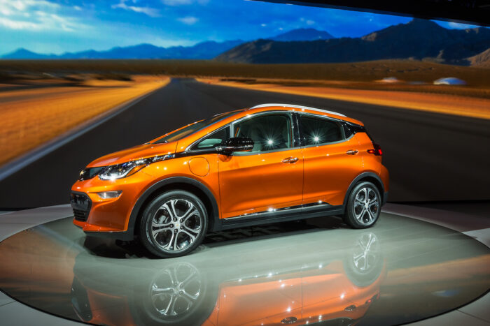 A 2017 Chevrolet Bolt EV car at the North American International Auto Show (NAIAS), one of the most influential car shows in the world each year.