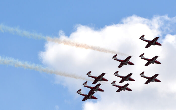 Canadian Snowbirds demonstrate their synchronized piloting skills accross Canada.
