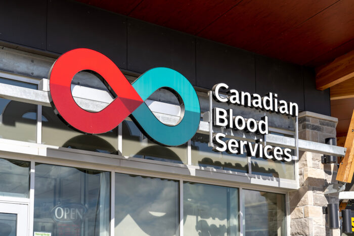 Canadian Blood Services sign at a donor centre is seen in Waterloo.