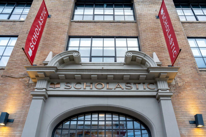 Scholastic Canada sign on the building in downtown Toronto.
