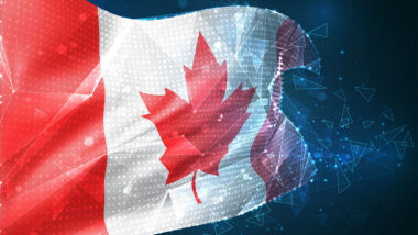 Close up of Canadian flag turning into a data vector. Data breach concept.