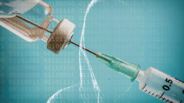 Close up of a vaccine preparation with a data code overlay.