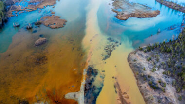 Aerial view of a polluted river.