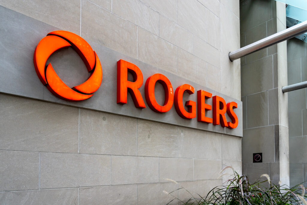 Close up of Rogers sign on their headquarters building in Toronto