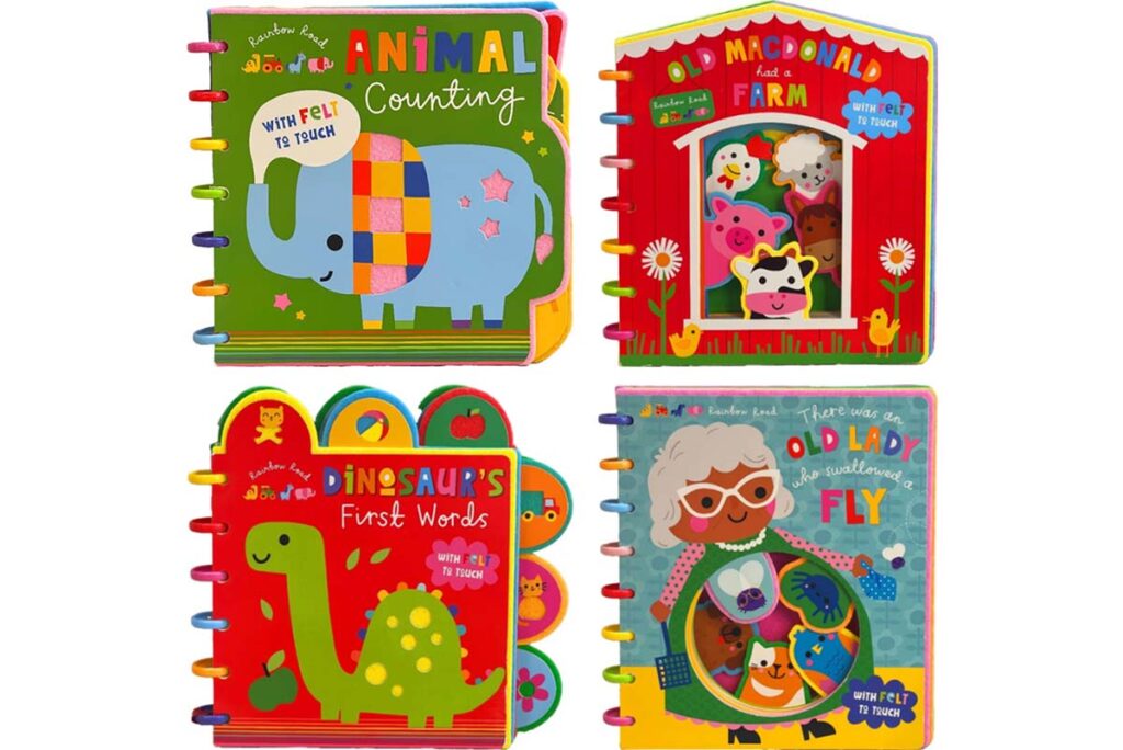 Product photos of some of the recalled books by Make Believe Ideas, representing the Make Believe Ideas Rainbow Road board book recall.
