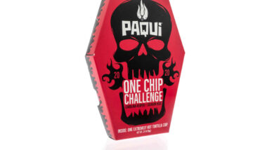A package of Paqui with carolina reaper peppers sichuan heat one extremely hot tortilla chip representing the Paqui 'One Chip Challenge' product removal.