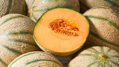 A slice cantaloupe melon atop a group of cantaloupe melons, representing the cantaloupe recall.