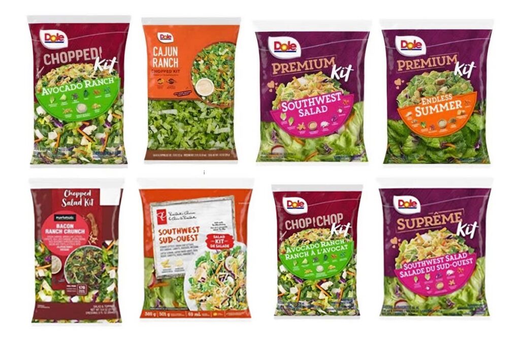 Product photos of salad kits by Dole, representing the Dole salad recall.