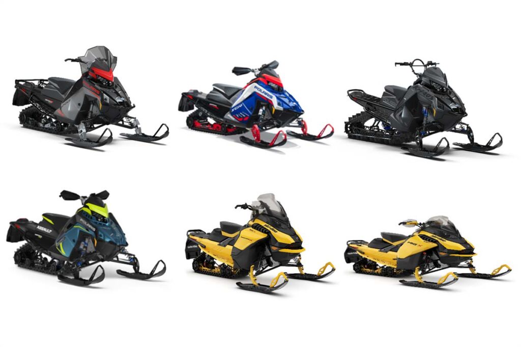 Product photos of some of the recalled snowmobiles by Polaris and Bombardier, representing the snowmobiles recall.