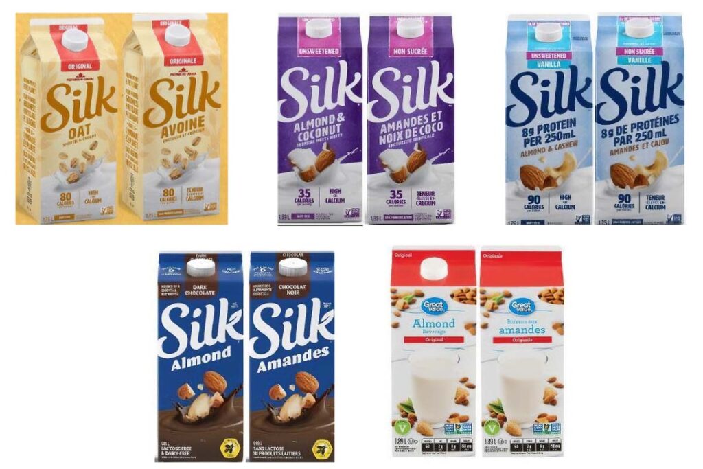 Product packaging for some of the recalled Silk and Great Value products, representing the Silk and Great Value recall.